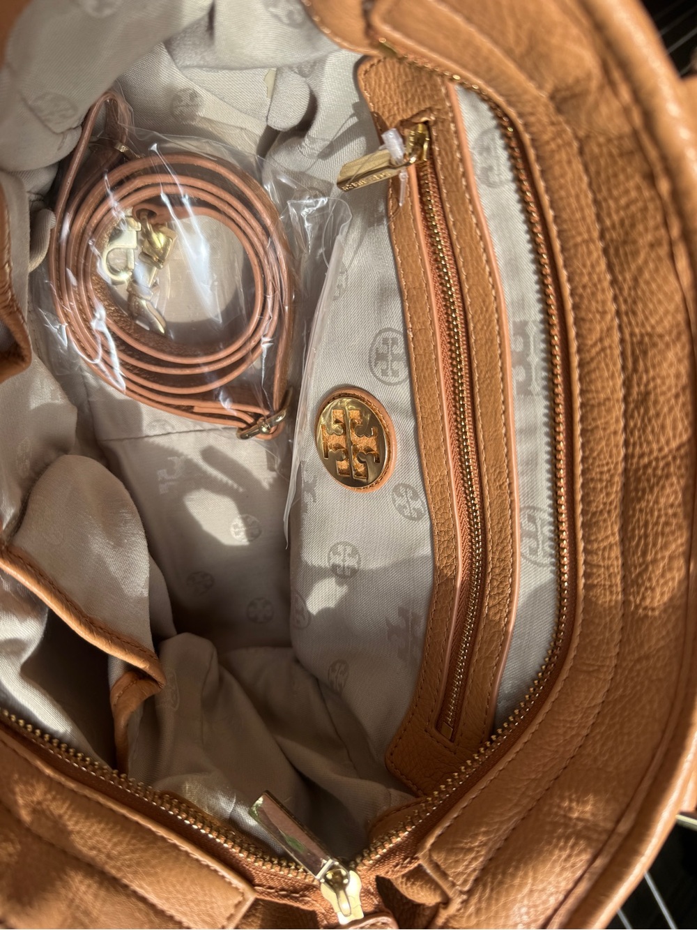 Tory Burch Cognac Leather Shoulder Tote with Double-T Logo - Picture 2 of 2